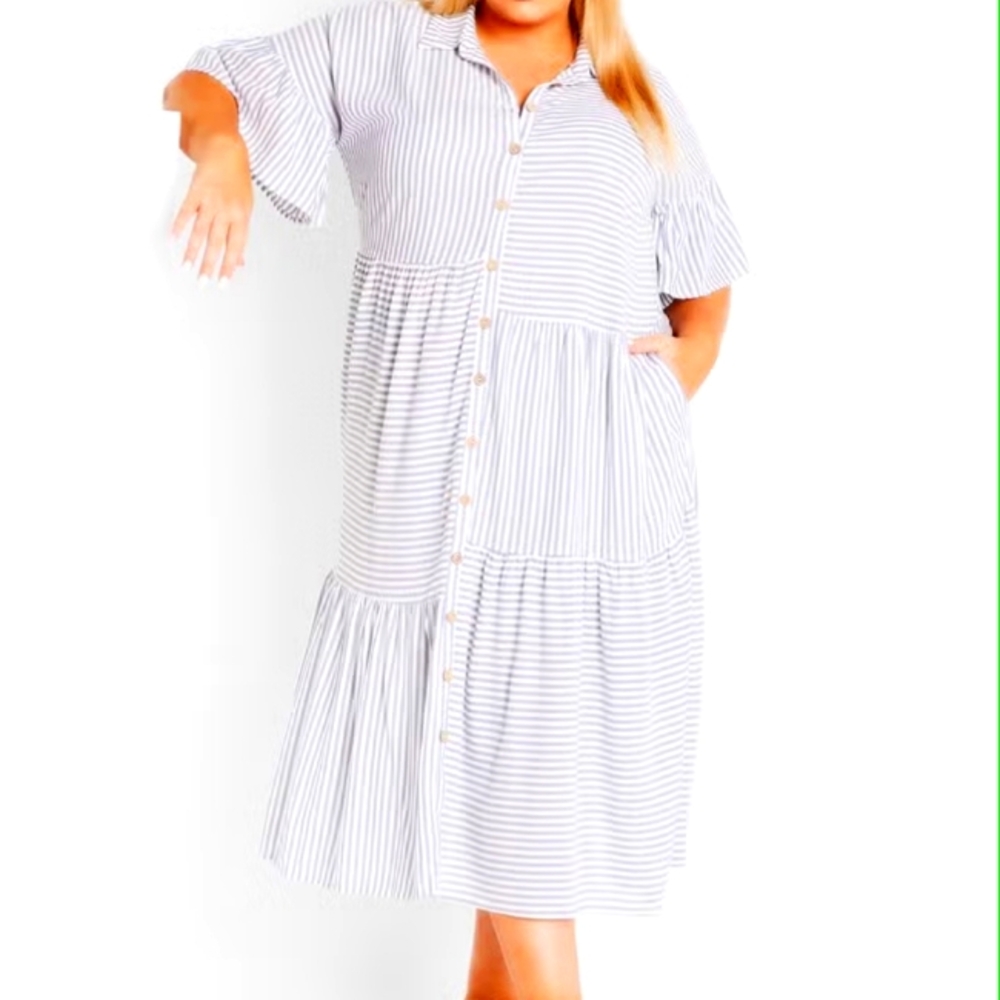 City Chic for Avenue Button Front Tiered Midi Dress